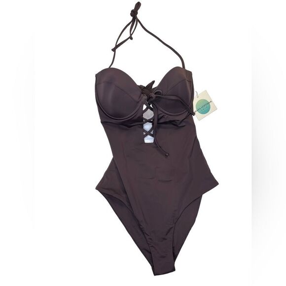 NEW Mara Hoffman Lattice Underwire One Piece Swimsuit Brown Size XL - Picture 5 of 14